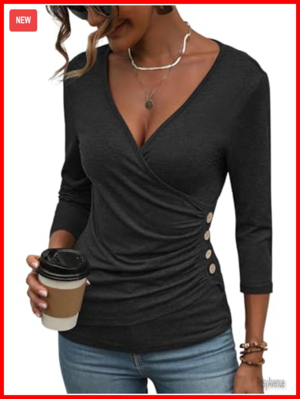 Deep V Neck Wrap Ruched Slim Fit 3/4 Sleeve Button Blouse Top